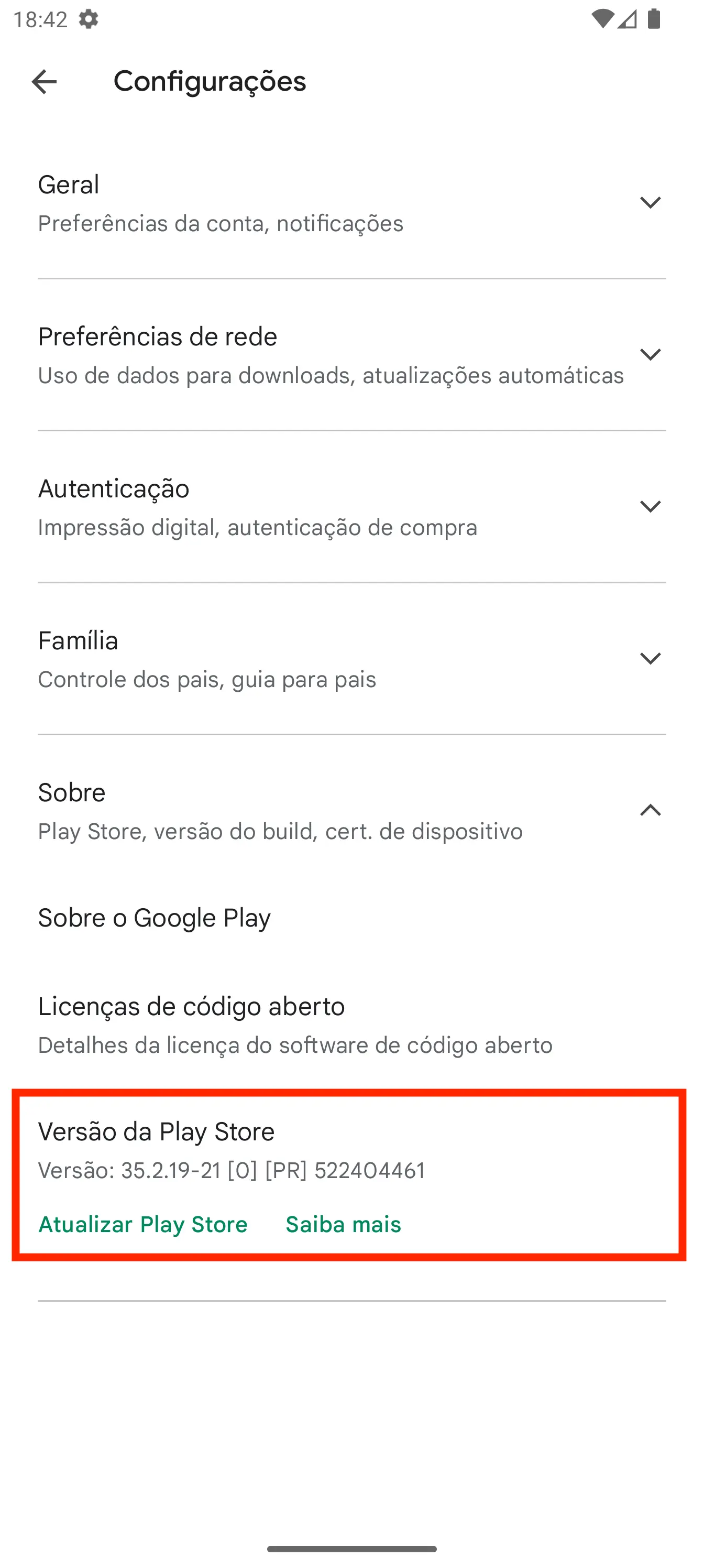 Seção Sobre da Play Store com botão Atualizar Play Store