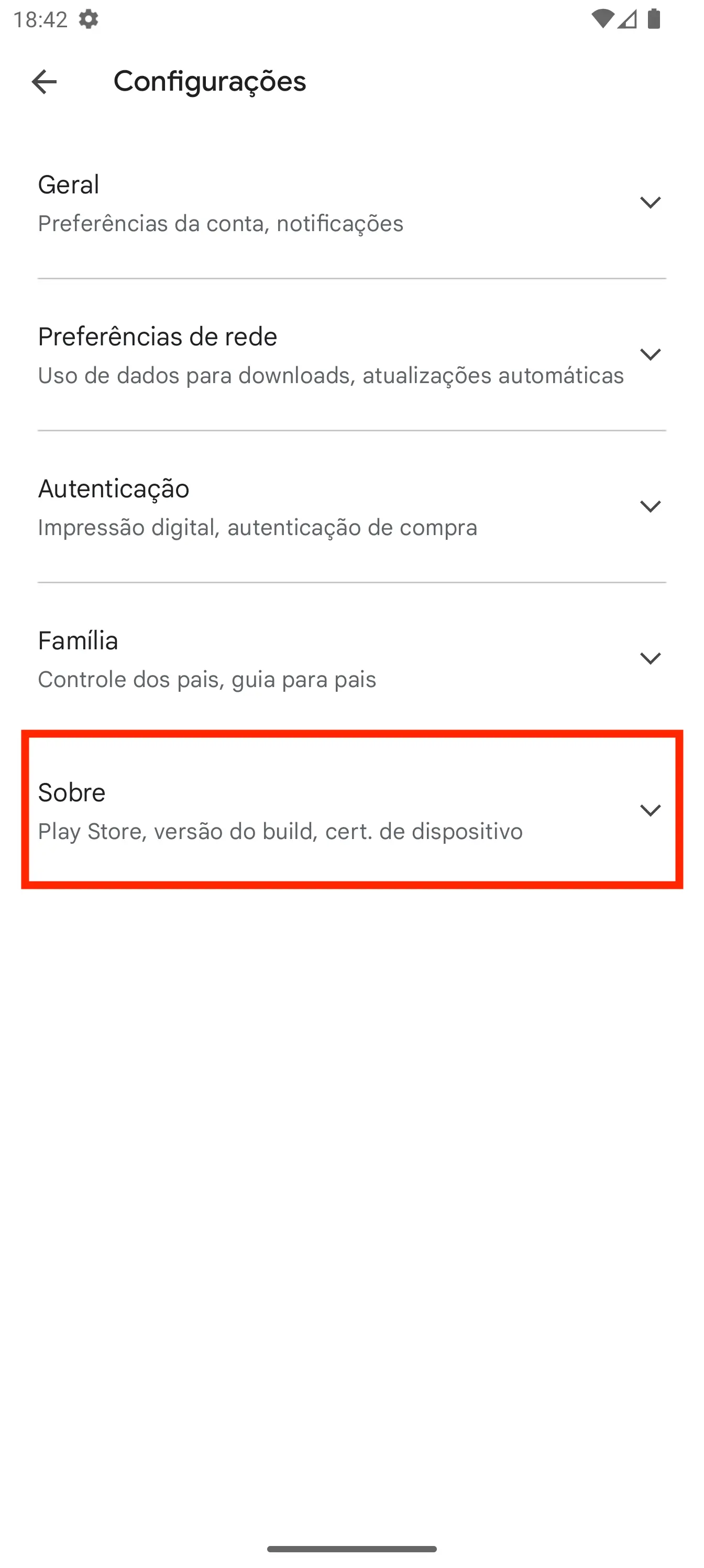 Tela de configurações da Play Store mostrando a seção Sobre