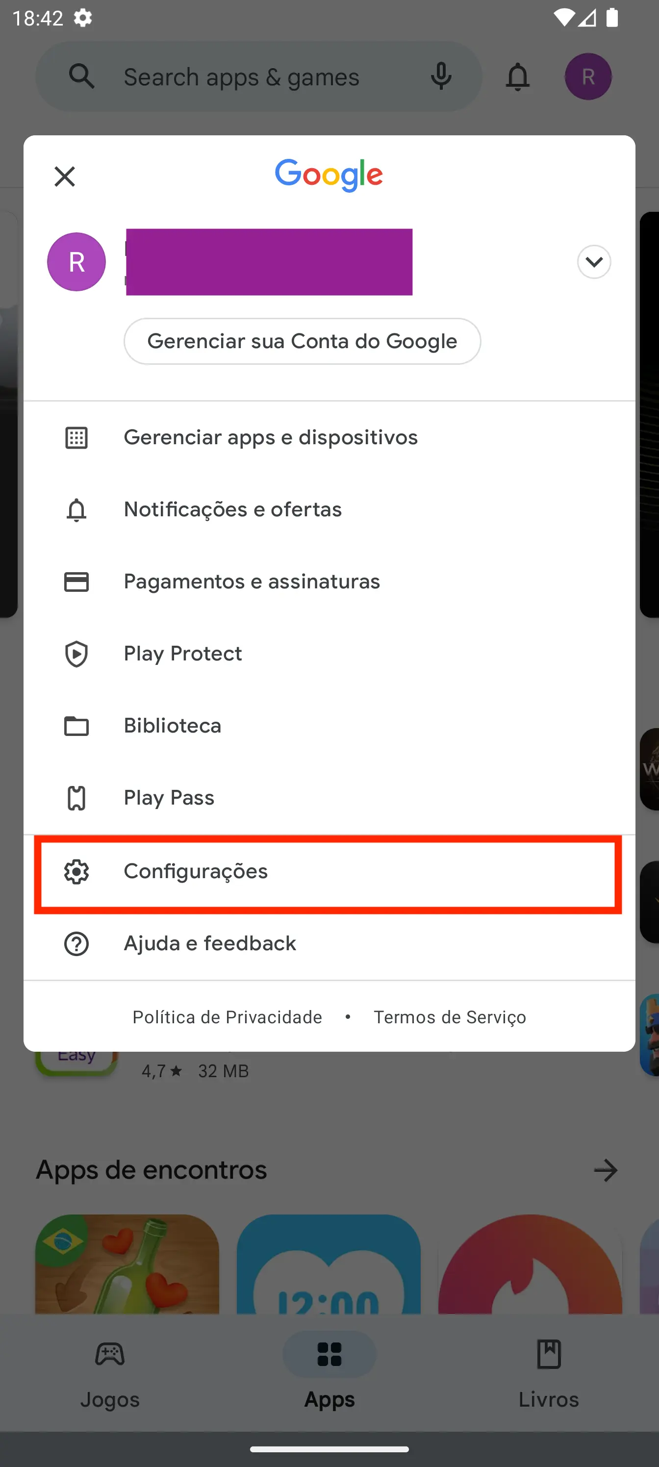 Menu da Play Store com a opção Configurações destacada