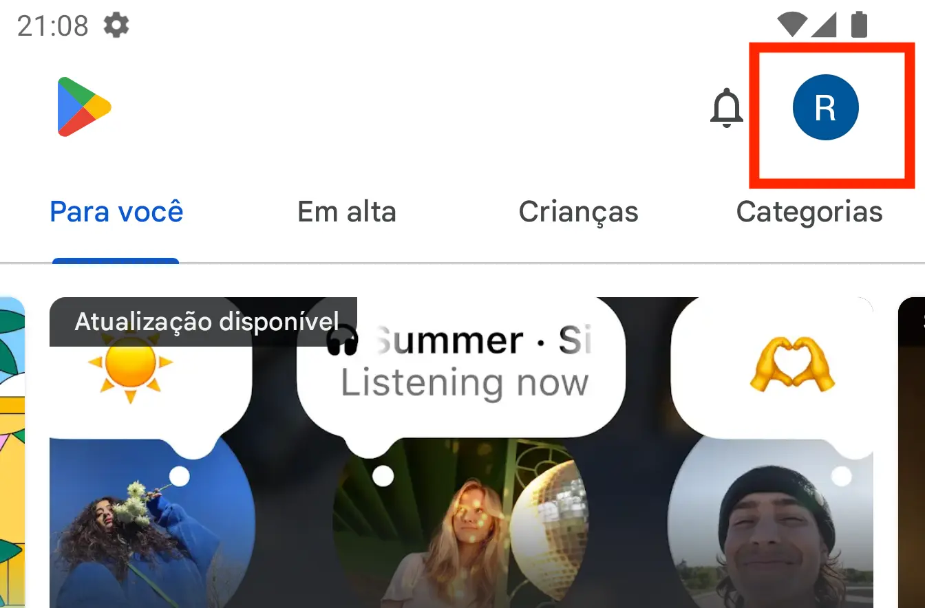 Menu da Play Store com o ícone de perfil destacado