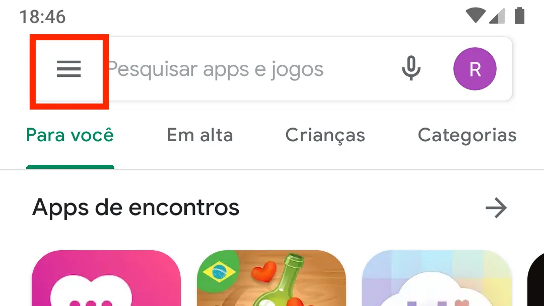 Menu da Play Store com o ícone de opções na barra superior destacado